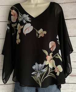 White House Black Market Top Gr. XL schwarz und geblümt transparente Kimonoärmel V-Ausschnitt - Bild 1 von 9