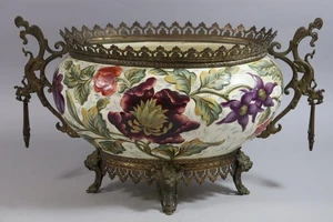 52cm Jardiniere Pflanzschale Keramik Blumenmalerei in bronzierter Fassung 19.Jhd - Bild 1 von 10
