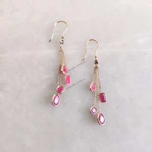 3.64 Ct Natural Ruby and Diamond Dangle Earrings 14K Gold Minimalist Design - Picture 1 of 7