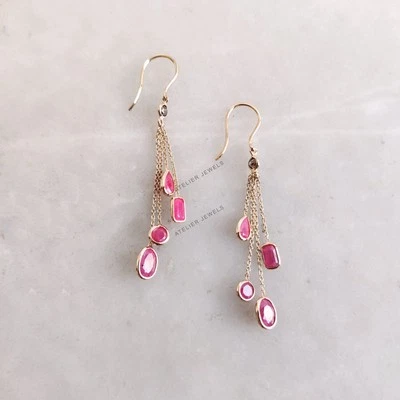 3.64 Ct Natural Ruby and Diamond Dangle Earrings 14K Gold Minimalist Design - Image 1 of 4