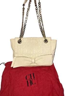 Carolina Herrera Winter Ivory Monogram Leather Audrey Shoulder Satchel Handbag - Image 1 of 4