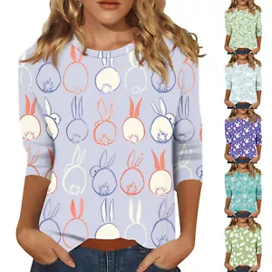 Women's Fashion Tops Casual 3/4 Sleeve Plus Size Easter Basic Printed Pullover - Picture 1 of 30