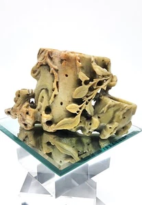 Pietra ollare cinese intagliata a mano vintage arte popolare viti foglie 5,5 pollici Chinoiserie - Foto 1 di 12