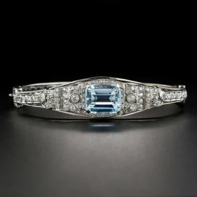 Brazalete Brazalete Forma Esmeralda 18.CT Aguamarina Pura Plata de Ley 925 Circonita Blanca Foto 1 de 4