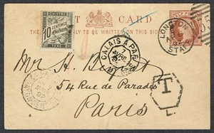 1892 Postage Due Staffs-Paris 1/2d Postal Stationery Card 10c Chiffre Taxe Hex T - Picture 1 of 2