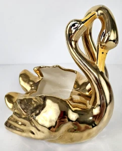 Maceta de cerámica sumergida en oro de 22 quilates doble cisne vintage pájaro de 7" de alto - Imagen 1 de 12