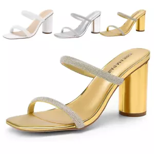 Women High Chunky Block Heel Sandals Square Toe Slip On Slide Sandals - Picture 1 of 23