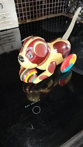 VINTAGE WIND UP Tin Metal Toy Collectible DOG With Ball Wheeled - Picture 1 of 5