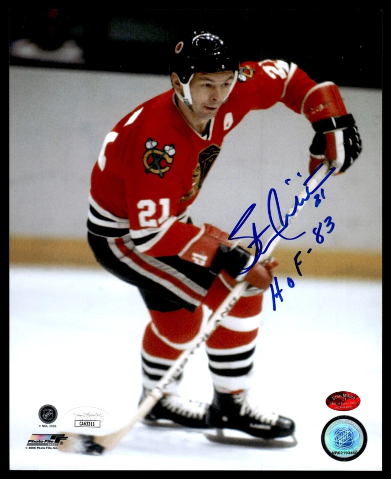 FOTO FIRMADA POR STAN MIKITA 8X10 INSCRITA "HOF 83" - CHICAGO BLACKHAWKS - CERTIFICADO DE AUTENTICIDAD JSA Foto 1 de 1