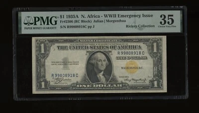 DBR 1935-A $1 North Africa Silver Fr. 2306 RC Block PMG 35 Serial R99808918C - Image 1 of 2