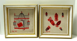 Paar MCM gerahmte Tammis Keefe Leinenservietten (8x8) Vogelkäfig Federn ~ 10" qm - Bild 1 von 22