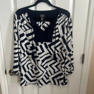 Chico's Travelers Ladies Navy & White Size 2 Large Tunic Blouse Tassels - Picture 1 of 8