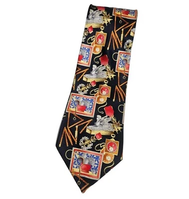 LEONARD Men's 100% Silk Necktie LUXURY Tie Navy Red Royal Monogram W:3.7" EUC - Image 1 of 4