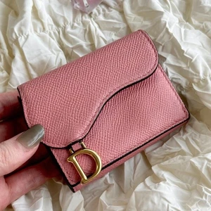 Christian Dior Wallet Saddle Charm Tri-fold Compact Purse Leather Pink Gold Auth - Picture 1 of 22