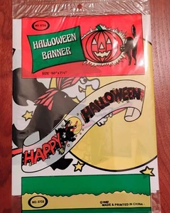 1987 Happy Halloween Plastic Banner With Witch New Old Stock 50 Inches Vintage - Picture 1 of 5