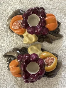 Juego de candelabros cónicos de cerámica Fulper vintage otoño motivo floral acción de gracias - Imagen 1 de 12