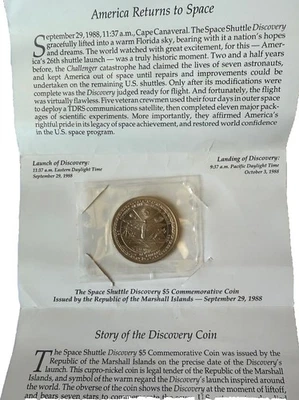 NASA Launch Space Shuttle Discovery 1988Coin $5 Republic Of The Marshall Islands - Image 1 of 4