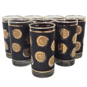 Vtg MCM Libbey Black & Gold Coin Glasses 6" Tumblers Set of 8 Mid Century Modern - Picture 1 of 7