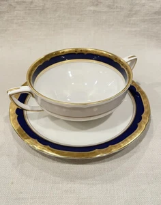 Vintage Royal Worcester Aston Cobalt Blue Gilt Bone China Cream Soup Bowl Saucer - Picture 1 of 19