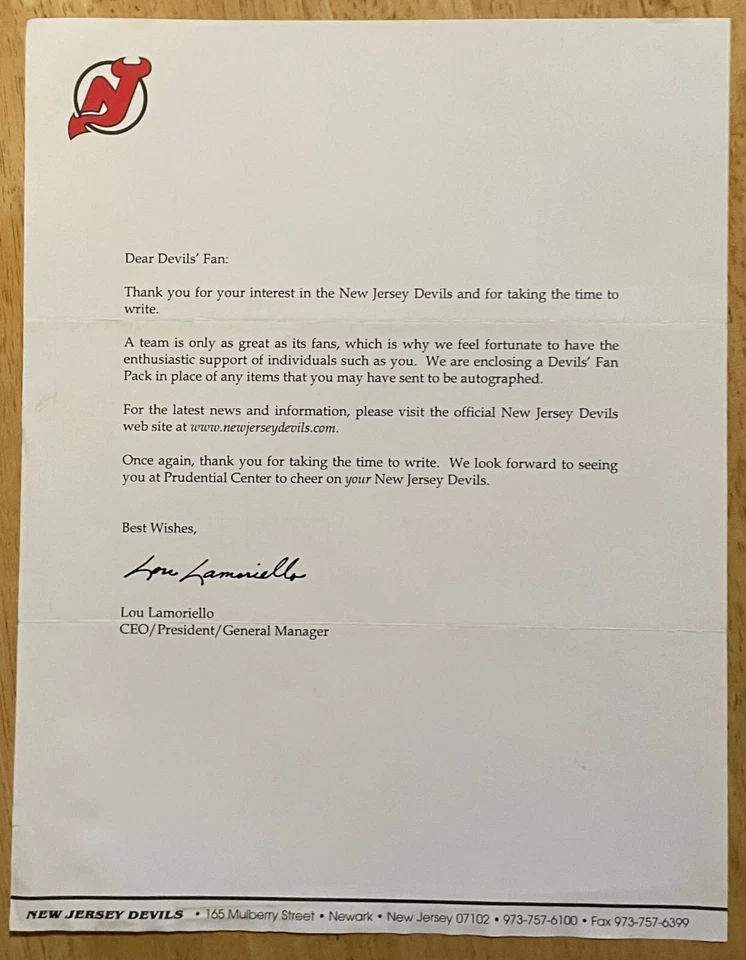 LOU LAMORIELLO, ¡RARO! 8 1/2" x 11" "NUEVO JERSEY DEVILS" CARTA, ¡IMPRESIONANTE! Foto 1 de 1