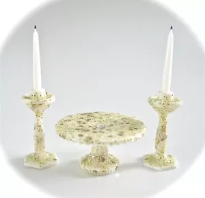 dollhouse doll house miniature CAKE STAND AND CANDLE SET WHITE AND GOLD PLASTIC - Picture 1 of 3