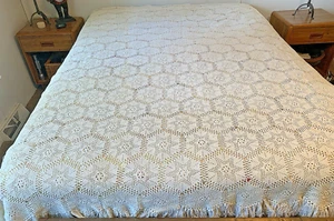 Copriletto vintage fine all'uncinetto a mano con frange ecrù stella e fiore 83WX90L" - Foto 1 di 6