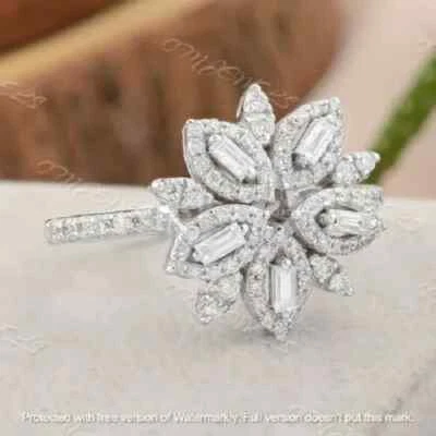 2.20Ct Baguette Lab-Created Diamond Flower Engagement Ring 14K White Gold Finish - Image 1 of 4