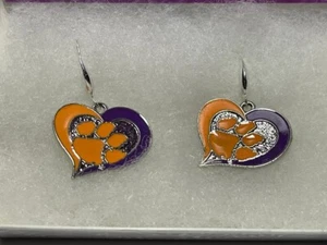 Clemson Tigers NCAA Heart Shaped Dangle Earrings NEW - Picture 1 of 3