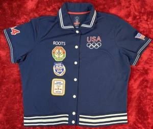 Vintage Roots Polo Shirt XXL USA Olympic Snap Short Sleeve Warm Up Navy Shacket - Picture 1 of 16