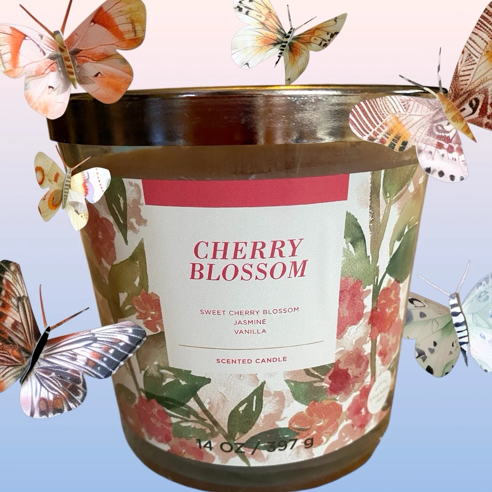 Jar Candle Cherry Blossom  14 Oz Scented 3 Wick Essential Oils Fall Autumn — 第 1/2 张图片
