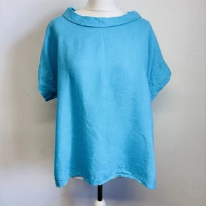 East Bardot Neck Top Size Small Ch48 Blue Lagenlook 100% Linen - Picture 1 of 11