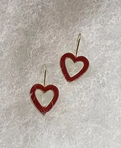 Minimalist Red Enamel Drop Heart Shaped Gold Tone Pierced Earrings XLNT - Picture 1 of 14