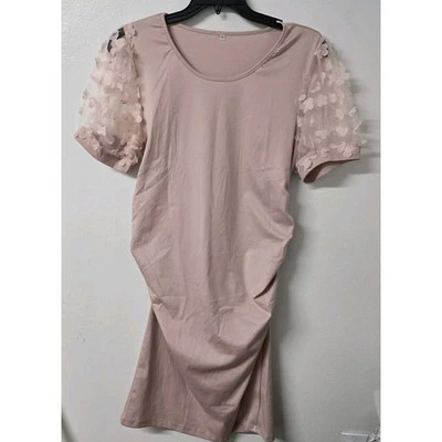 Pink Floral Mesh Long Sleeve Ruched Maternity-Baby Shower Dress Size XL - Image 1 of 4