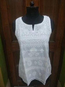 XS 37" ETHNIC CHIKAN EMBROIDERY SLEEVELESS 100% COTTON TUNIC TOP HANDMADE KURTI - Picture 1 of 6