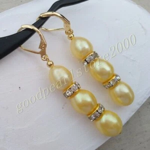 New Popular 8-10mm AAAA South Sea Golden Pearl Earrings 14k Gold P Hook - Picture 1 of 4
