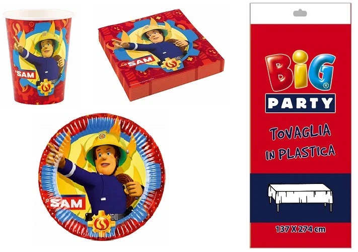 SET COMPLEANNO FESTA SAM IL POMPIERE PIATTI BICCHIERI TOVAGLIOLI TOVAGLIA - Immagine 1 di 1