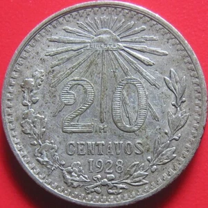 1928 MEXICO 20 CENTAVOS SILVER EAGLE SNAKE LIBERTY CAP MEXICAN MINT COIN 19mm - Picture 1 of 3