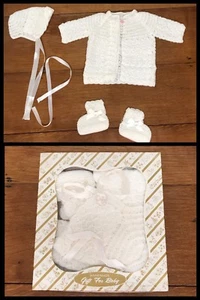 Vintage Baby PULLOVER STIEFEL MÜTZE Set weiß 0 - 6 Monate 1950er Jahre - Bild 1 von 8