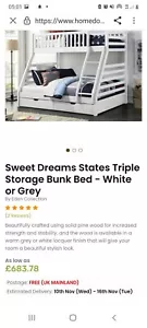 Sweet Dreams States Wooden Triple Sleeper Bunk Bed Frame White Wood - Picture 1 of 2