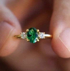 2Ct Oval Cut Lab Created Green Emerald Engagement Ring in 14k Yellow Gold Plated - Picture 1 of 7