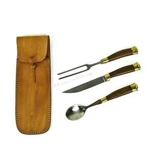 3-teiliges Besteck mit Lederetui - Mittelalter Essbesteck Löffel Messer Gabel - Bild 1 von 1
