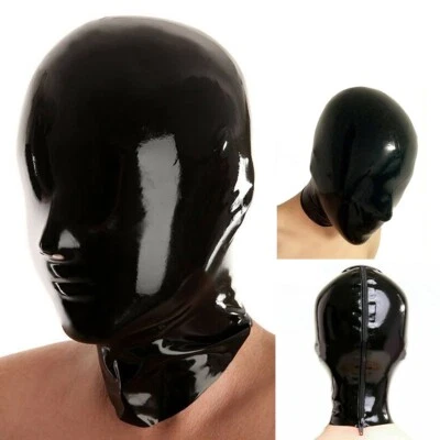 Black Latex Hood Full Enclosure Rubber Mask Back Zipper for Catsuit Club Wear   - Image 1 of 4