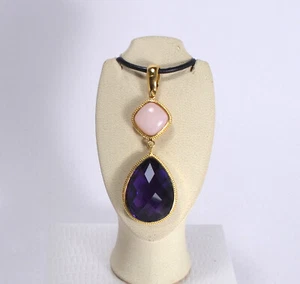 CIONDOLO ARGENTO 925 DORATO OPALE ROSA E AMETISTA IDROTERMALE          AGDV 0205 - Foto 1 di 3