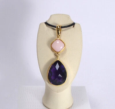 CIONDOLO ARGENTO 925 DORATO OPALE ROSA E AMETISTA IDROTERMALE          AGDV 0205 - Immagine 1 di 3