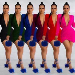 Sexy Vestido ceñido al cuerpo acanalado para mujer - Mini Vestido de noche plisado manga larga cuello en V - Imagen 1 de 18