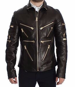 DOLCE & GABBANA Jacket Brown Lambskin Leather Zipper Coat EU44/US34/XS
