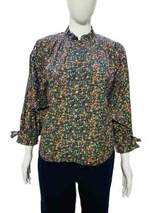 Doen Women Rose Black Petit Jardin Floral Printed Cotton Blouse Tunic Top S - Picture 1 of 11