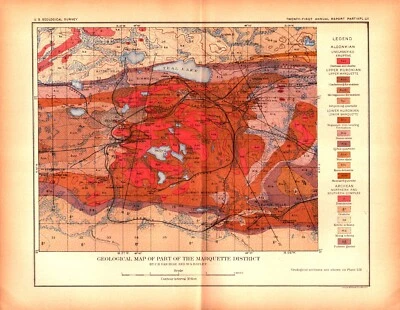 2 items MARQUETTE DISTRICT, MICHIGAN GEOLOGY Antique original map 1901 - Image 1 of 2