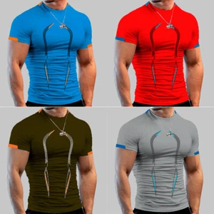 Men's Tactical Compression O-Neck T-Shirt Gym Sports Athletic Shirts Tight Tops - Picture 1 of 16