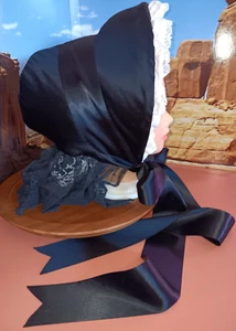 LÖFFELHAUBE Reproduktion 1860 Bürgerkrieg Ära schwarze Seide Trauer Haube & Schleier - Bild 1 von 10